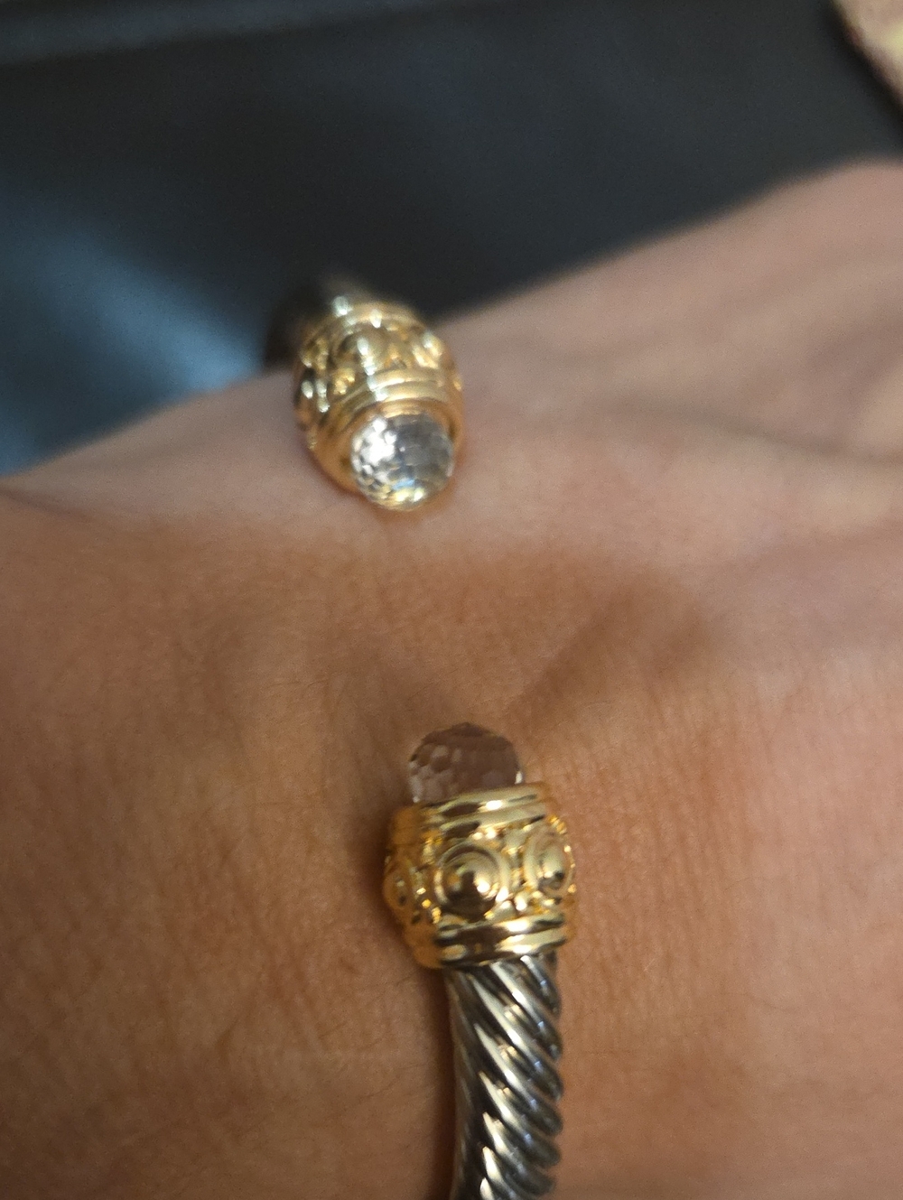 Gold Tone and Silver Tone Cable Cuff Bangle Rope Bracelet With Crystal Accents - Picture 8 of 8